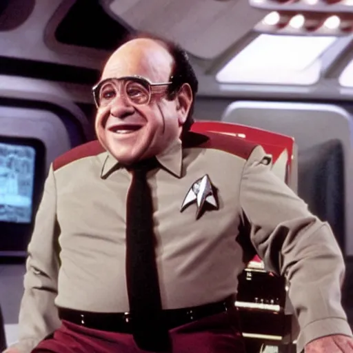 Image similar to captain danny devito sitting in the captains chair of the USS Enterprise, Star trek, still, star trek the next generation