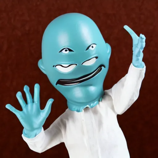 Prompt: vinyl designer toy, character head shaped as crescent, with hands and legs growing from head, creepy smiling evil face with wrinkles, holds a small knife in hand