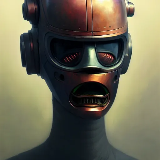 Image similar to a expressive portrait of masked diesel punk robot in dramatic lighting, depth of field background, artstation, award - winning realistic sci - fi concept art by jim burns and greg rutkowski, beksinski, a realism masterpiece, expressive color palette, james gilleard, bruegel, alphonse mucha, and yoshitaka amano