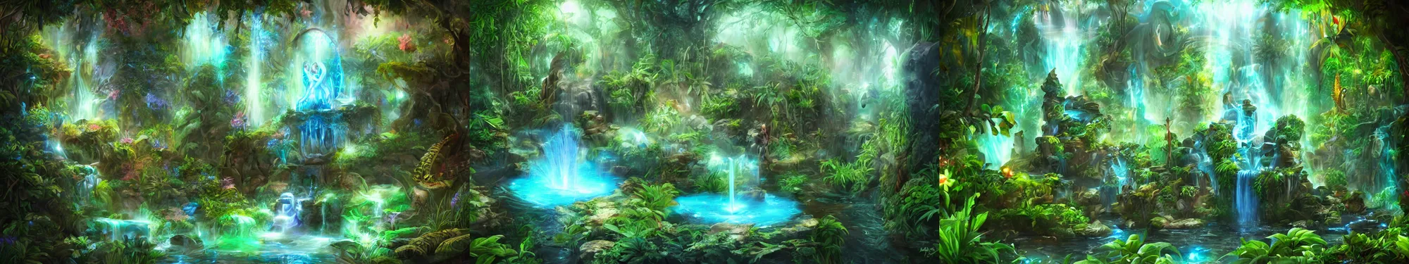 Prompt: immortality fountain, in the jungle. bloom, blue green lighting. fantasy, digital painting, hd, detailed.