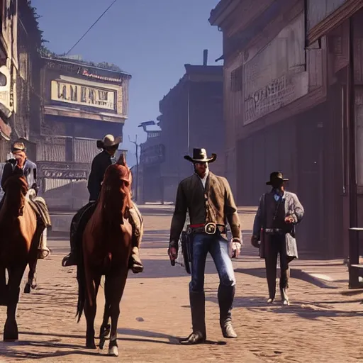 Prompt: cowboy androids walking the streets in Saint Denis in Red Dead Redemption 2 8k hyperdetailed photorealism HDR