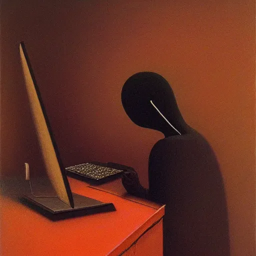 Image similar to gamer at his computer Zdzisław Beksiński, oil on canvas