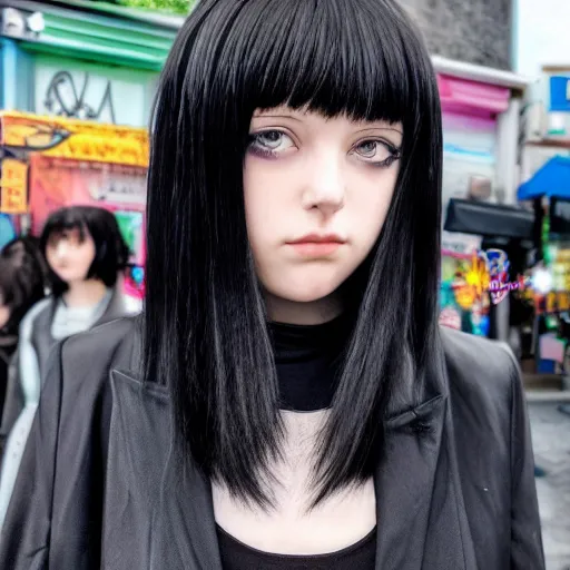 Prompt: 1 7 - year - old anime goth girl, black hair, long bob cut, long bangs, gothic coat, holding, shibuya, blue sunshine, in front of ramen shop, strong lighting, strong shadows, vivid hues, raytracing, sharp details, subsurface scattering, intricate details, hd anime, very - high - budget anime movie, 2 0 2 1 anime