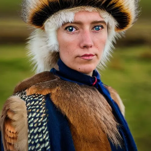 Image similar to symmetry!! portrait photograph of an extremely beautiful!!!! young blonde female with symmetric face. with a very detailed barn owl!!!!! on her shoulder. wearing traditional greenlandic national costume or kalaallisuut. in iceland. petzval lens. shallow depth of field. polaroid featured on flickr, art photography,