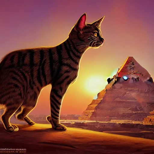 Image similar to egyptian cat, golden hour, fantasy, sharp focus, digital art, hyper realistic, 4 k, unreal engine, highly detailed, hd, dramatic lighting by brom, trending on artstation