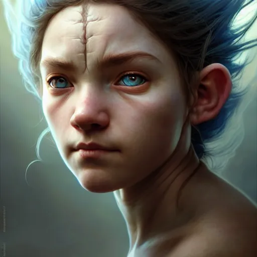 Prompt: portrait painting of a halfling monk girl with heavy scars and gorgeous blue eyes, ultra realistic, concept art, intricate details, eerie, highly detailed, photorealistic, octane render, 8 k, unreal engine. art by artgerm and greg rutkowski and charlie bowater and magali villeneuve and alphonse mucha