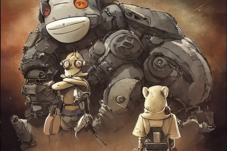 Image similar to anthropomorphic rodent with white and black ancestral ornate japanese tactical gear on an abandonment desert planet, high intricate details, long shot, rule of thirds, golden ratio, graphic novel by fiona staples and dustin nguyen, by beaststars and orange, peter elson, alan bean, studio ghibli, makoto shinkai