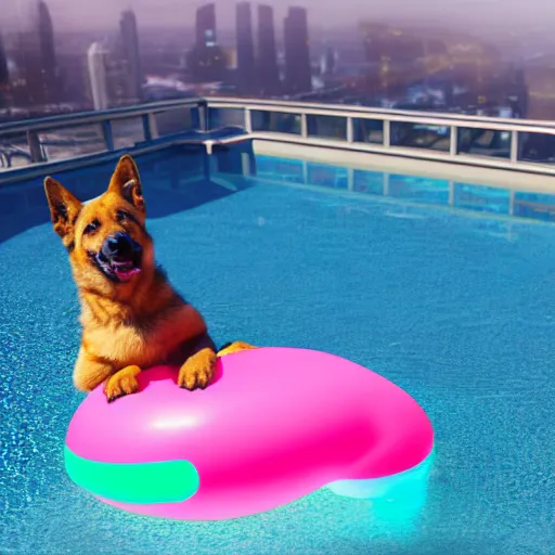 Prompt: Portrait digital art photo of a anthropomorphic GSD puppy with hands enjoying a cosmopolitan cocktail while floating on an flamingo float in a swimming pool on the rooftop of a luxury penthouse at night, muted water reflections, low energy background with neon city lights, award winning photography, cinematic, 8K HQ