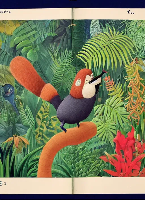 Image similar to rare bird in the jungle, highly detailed, style of henri rousseau and richard scarry and hiroshi yoshida