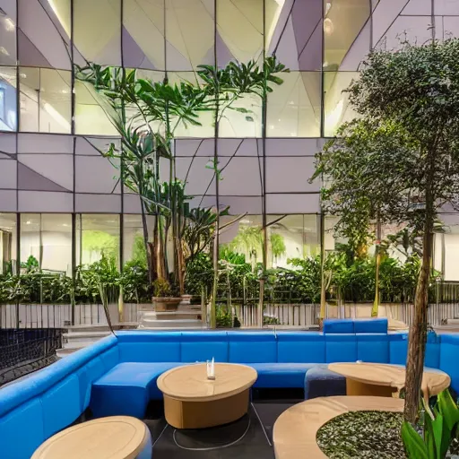 Image similar to The atrium of a refurbished contemporary building filled with tropical plants, blue hour, 4k,