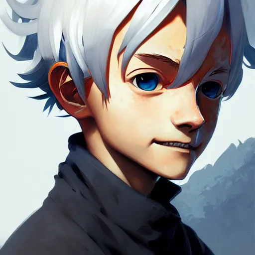 Prompt: Portrait of Norman from the promised neverland, white hair ,highly detailed, digital painting, artstation, concept art, sharp focus, illustration, art by greg rutkowski and alphonse mucha