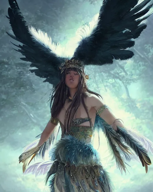 Image similar to a female anthropomorphic eagle warrior. She has two wings on her back. She is covered in feathers, wearing full body tribal feather clothing. Forest, clearing. Full shot, wings are focus. Atmospheric lighting, By Makoto Shinkai, Stanley Artgerm Lau, WLOP, Rossdraws, James Jean, Andrei Riabovitchev, Marc Simonetti, krenz cushart, Sakimichan, D&D trending on ArtStation, digital art.