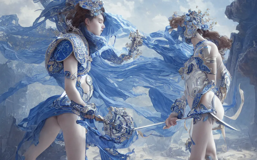 Image similar to knights of zodiac girl, chinese blue and white porcelain reflected armor, fight cinematic shot, in ruined agora of athens, ssci - fi and fantasy, intricate and very very beautiful and elegant, highly detailed, digital painting, artstation, concept art, smooth and sharp focus, illustration, art by tian zi and wlop and alphonse mucha