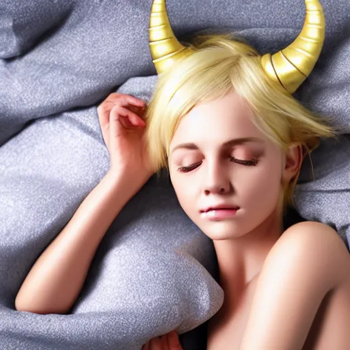 Prompt: sleeping short blonde half - dragon girl with two dragon horns, the head is tightly wrapped in plastic wrap with a market label on it. high detail, realistic, symmetrical face