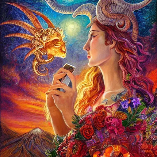 Image similar to painting by senior concept artist josephine wall, goddess with horns of a ram checking her cell phone, erupting volcano in distance, sunset, flowers in foreground, zodiac, fantasy, acrylic on canvas, intricately detailed, highly detailed, high resolution, hdr, 8 k, by senior concept artist, trending on artstation