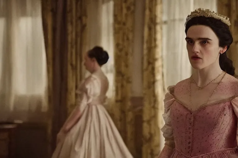 Image similar to mid-shot of Katie McGrath as the heiress in the new movie directed by Wes Anderson, symmetrical shot, idiosyncratic, relentlessly detailed, pastel colour palette, detailed face, movie still frame, concept art, promotional image, imax 70 mm