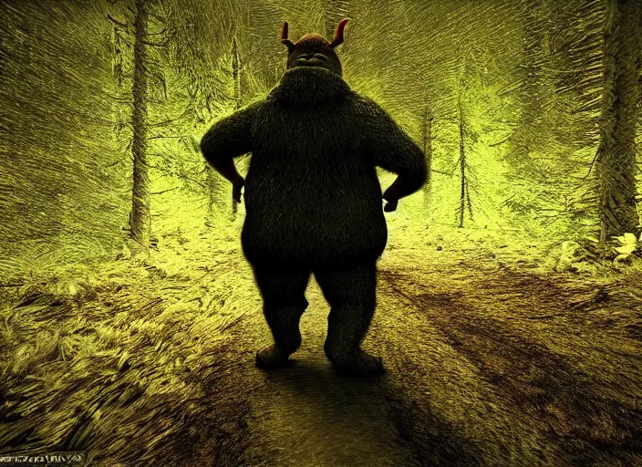 Prompt: trail cam footage of shrek walking through the woods at night, hyper realistic photo, grainy