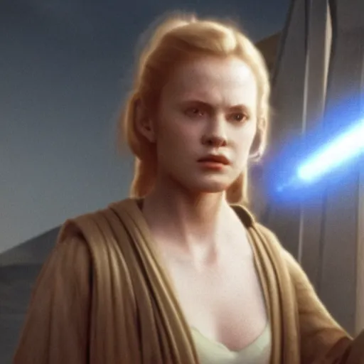 Image similar to young karen fisher as a jedi in star wars, 8k resolution, full HD, cinematic lighting, award winning, anatomically correct