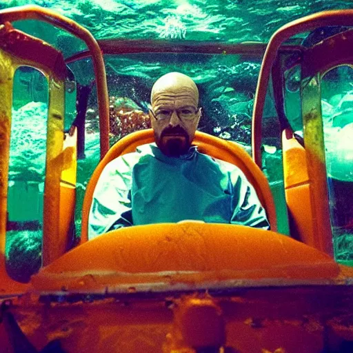 Prompt: walter white in a castle underwater, photo, deep sea, colorful