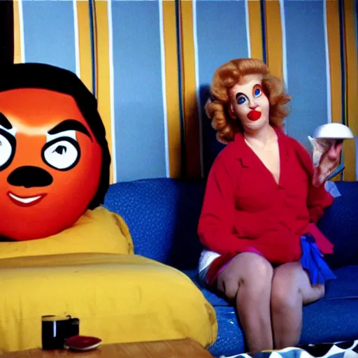 Image similar to bored housewife meets a man with an inflatable cartoon face in a seedy motel room, 1982 color Fellini film, ugly motel room with bad art on the dirty walls, archival footage, technicolor film, 16mm, live action, John Waters, wacky children's tv campy comedy