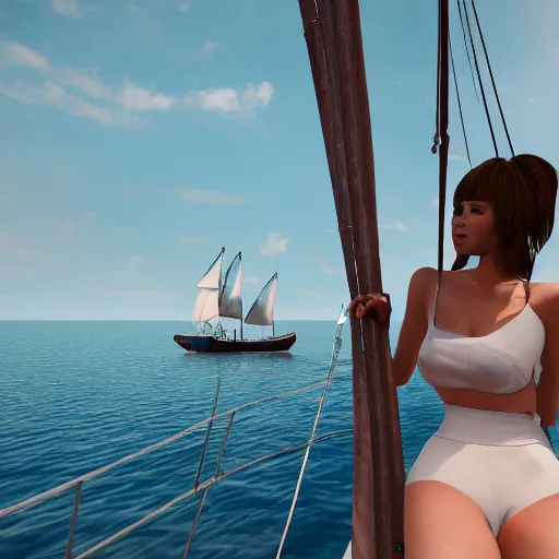 Prompt: beautiful woman on a sailing boat, wide angle, unreal engine