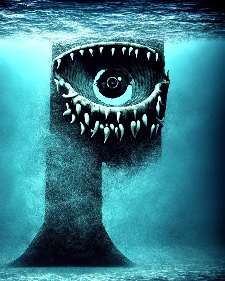 Prompt: a huge monster staring at your from under the waves of the huge empty ocean