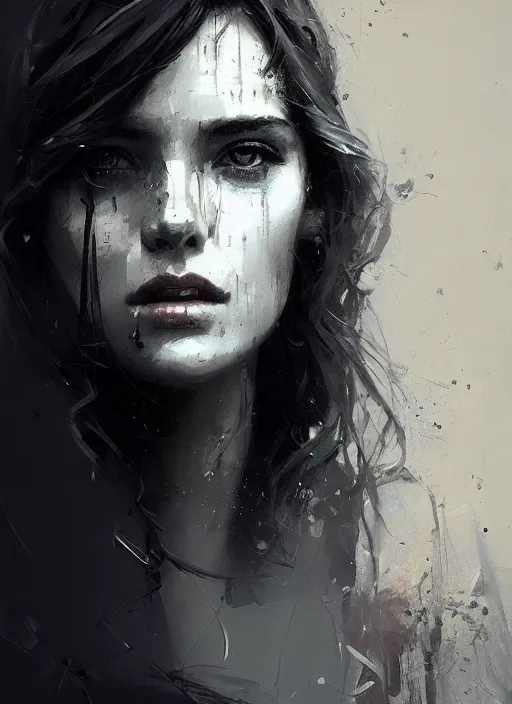 Image similar to outdoor portrait of a beautiful girl, shades of grey, beautiful face, rule of thirds, intricate outfit, spotlight, by greg rutkowski, by jeremy mann, by francoise nielly, digital painting