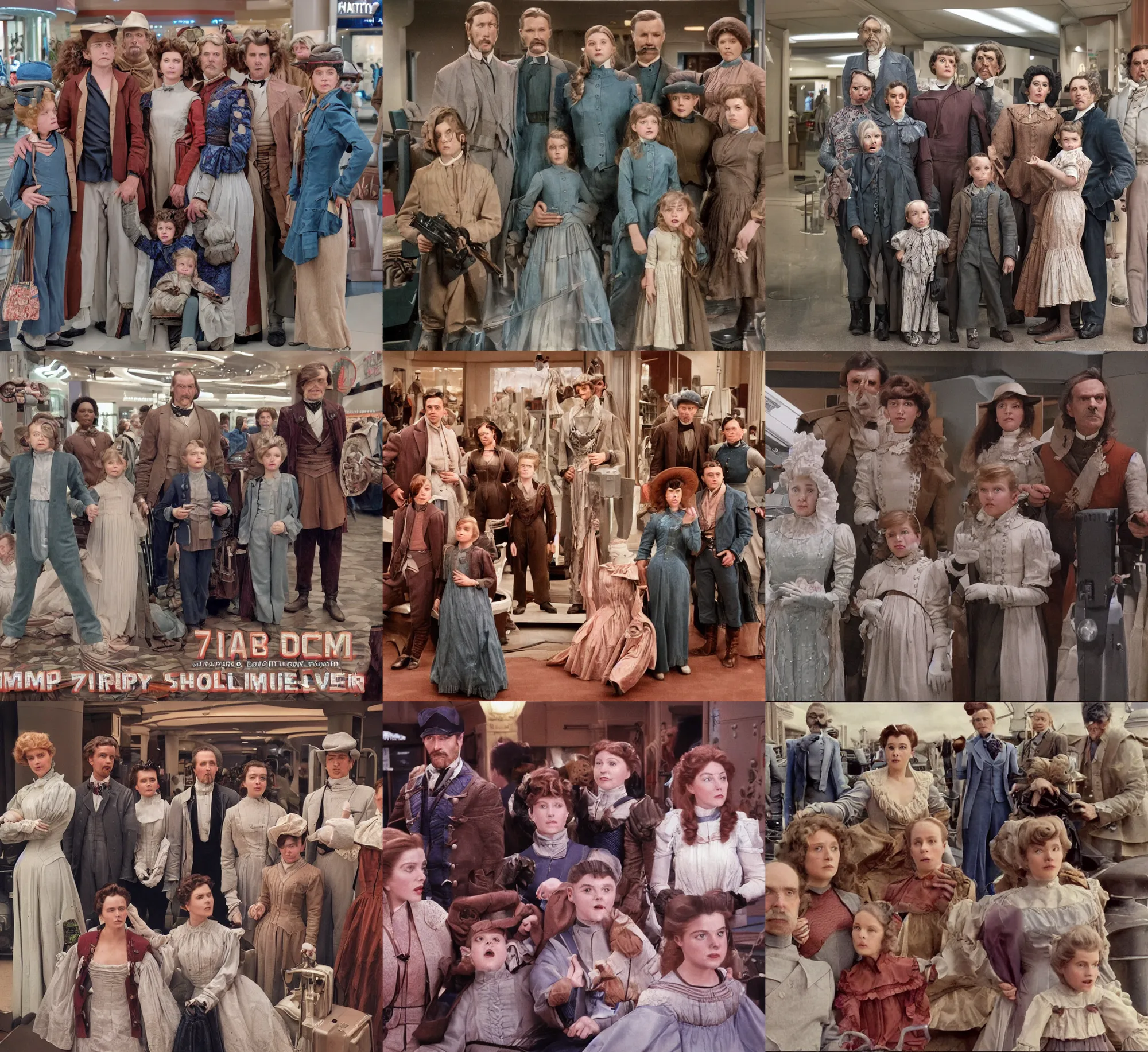 Prompt: sharp, highly detailed, high quality 70mm frame scan from a sci fi blockbuster color movie made in 2019, a family of four time travelers from 1890 travel in time to 2019, appearing in a shopping mall, looking surprised, the family are all wearing 1880s era clothes, good lighting, in focus, cinematic still, high quality scan, in focus, 35mm macro lens, detailed eyes, realistic faces and details, oscar winner, award winning lighting, award winning photography, ultra high definition