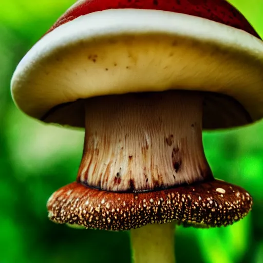 Prompt: macro photo with a mushroom character with cute eyes, very close to real nature, natural colors and natural surroundings, painted patterns and coloring on mushrooms, 8K, highly detailed