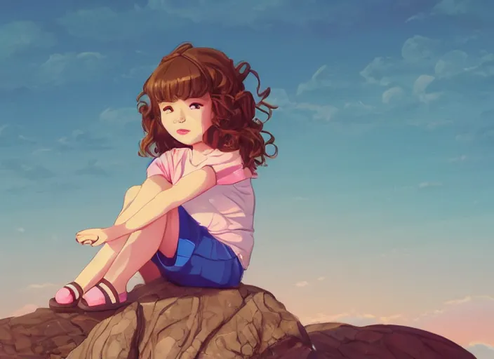 Image similar to little girl with short wavy curly light brown hair sitting on a rock. background pink and blue sunrise sky. clean cel shaded vector art. shutterstock. behance hd by lois van baarle, artgerm, helen huang, by makoto shinkai and ilya kuvshinov, rossdraws, illustration, art by ilya kuvshinov