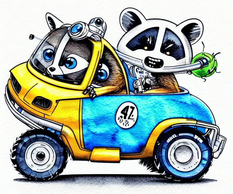 Image similar to cute and funny, racoon wearing a helmet riding in a tiny 4 wheeler with oversized engine, ratfink style by ed roth, centered award winning watercolor pen illustration, isometric illustration by chihiro iwasaki, edited by range murata, tiny details by artgerm, symmetrically centered