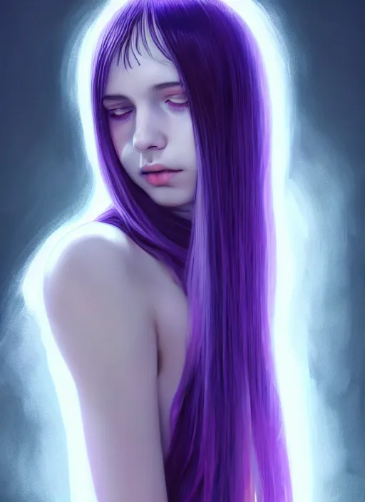 Image similar to hair whitebangs hair, black hair, whitebangs, portrait of teenage girl with white bangs, red irises, purple clothes, white bangs, bangs are different color from hair, intricate, elegant, glowing lights, highly detailed, digital painting, artstation, concept art, smooth, sharp focus, illustration, art by wlop, mars ravelo and greg rutkowski