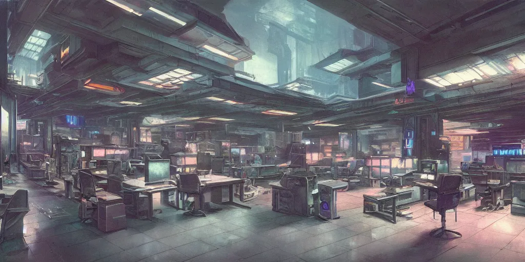 Image similar to a dystopian cyberpunk office interior with huge holographic displays everywhere, ralph maquarrie and syd mead cinematic matte painting, 4 k