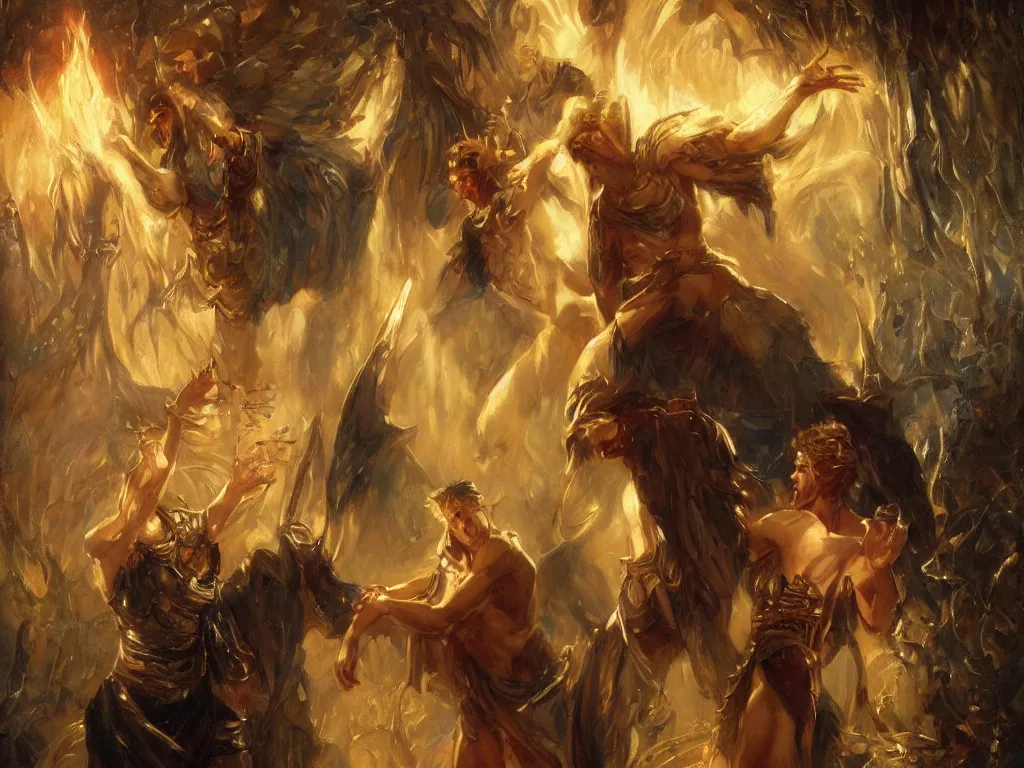 Image similar to attractive magician casts dark spell, summoning attractive lucifer morningstar. highly detailed painting by gaston bussiere, craig mullins, j. c. leyendecker 8 k