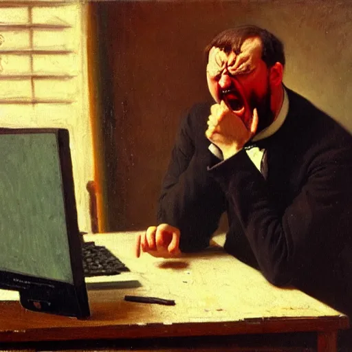 Image similar to an angry man yells at his computer monitor, oil on canvas, 1 9 0 1