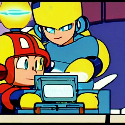 Image similar to roll ( from mega man ) is repairing computers in dr. light's laboratory.