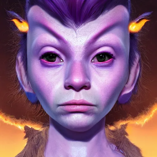 Prompt: A professional digital portrait painting of a young adult female goblin with (skin that looks like fire), dressed in light armor, 4k, digital art, trending on cgsociety, highly detailed, paint by Wes Anderson, head and shoulders shot, shallow depth of field, purple and yellow lighting, professional lighting, airbrush, Hayao Miyazaki