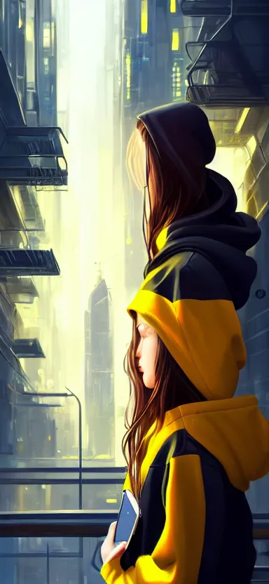 Prompt: a vtuber model concept art of a beautiful girl in a black and yellow hoodie holding an iphone, blue eyes, long hair, full body art, futuristic city background, artstation, digital art, commission art, style by jordan grimmer and greg rutkowski, 4 k resolution
