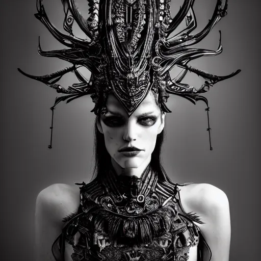 Prompt: a female model by stefan geselle and nekro borja, photorealistic, biomechanical, intricate details, hyper realistic, ornate headpiece, dark beauty, photorealistic, canon r 3, photography, wide shot, photography, dark beauty, symmetrical features