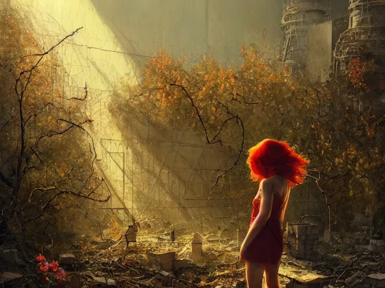 Image similar to red hair girl, chernobyl powerplant!!!, rubble!, ruins!!, flowers, vines, hyperrealistic, highly detailed, cinematic, single ray of golden sunlight, beautiful, cgssociety, artstation, 8 k, oil painting by greg rutkowski, by artgerm, by wlop