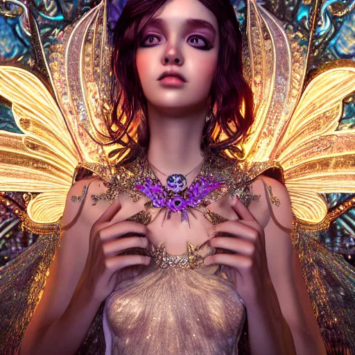 Image similar to portrait of fairy princess, glowing, ornate and intricate jewelry, jaw dropping beauty, glowing background lighting, white accent lighting, hyper detailed, fairy tale, 4 k octane render