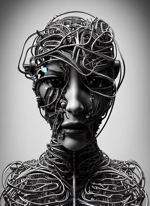 Prompt: a beautiful young female cyborg made of intricate metal flower stems and wire cables, hr giger, unreal engine, portrait, tintype, side - view, f / 2. 8, black and white, high contrast, 1 6 k, lonely, perfectionism, halfrear lighting, insanely detailed and intricate, hypermaximalist, hyper realistic