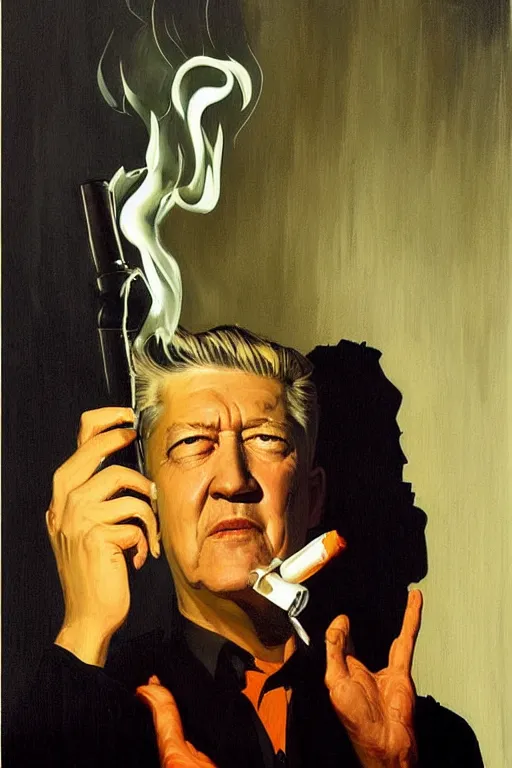 Image similar to david lynch smoking cigarette, lit by cigarette, billowing smoke, dark orange glow, painting by jc leyendecker!! phil hale!, lynchian!!!! ominious, dark lighting, angular, brush strokes, painterly, vintage, crisp