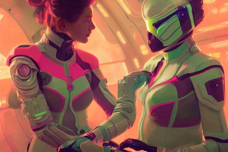 Prompt: Exhausted good looking young women wearing neon colored armour suits in a space station, elegant, intricate, retrofuturistic digital painting, artstation, concept art, smooth, sharp focus, illustration, art by artgerm and greg rutkowski and alphonse mucha