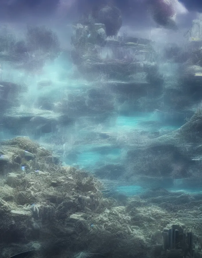 Image similar to landscape underwater utopian city on the ocean floor, 8k, hyper realism.