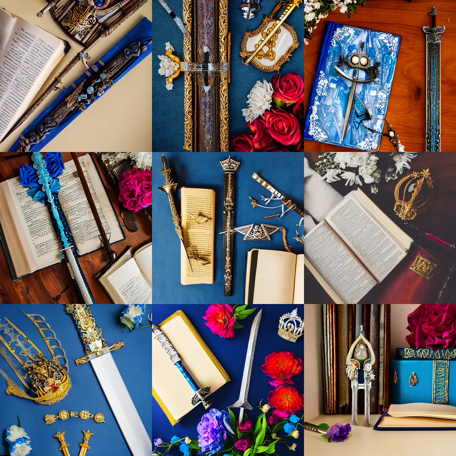 Prompt: flatlay sword, tiara, and book collection, vivid colors, dramatic lighting, blue and white flowers