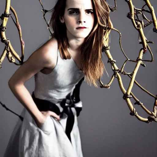 Prompt: angry angry emma watson hanging from and entangled in vines