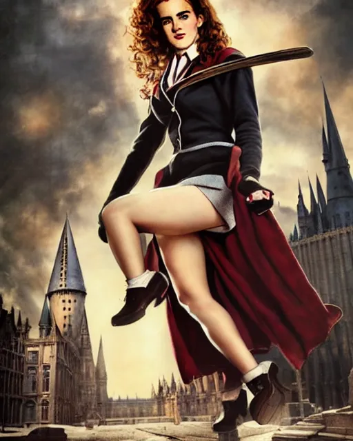 Image similar to pinup photo of hermione granger by emma watson in the crowded square of the city, by greg rutkowski, gil elvgren, enoch bolles, kezie demessance, glossy skin, pearlescent, very coherent, very detailed, harry potter film still