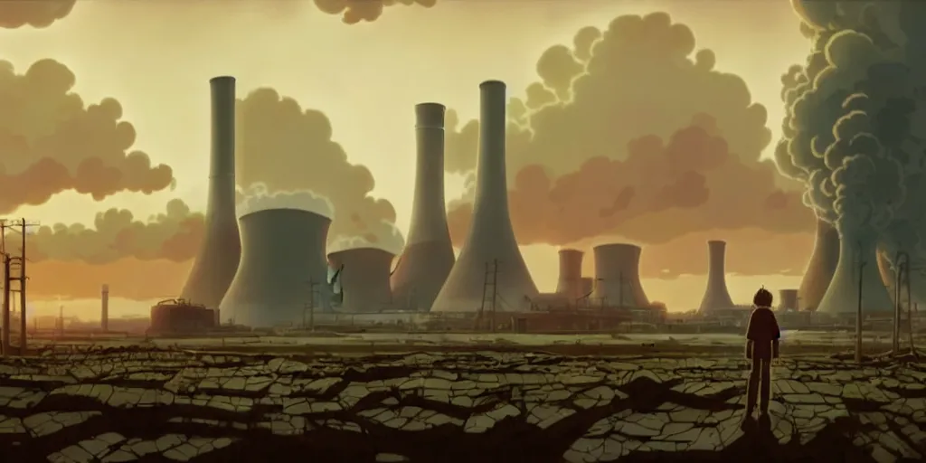 Prompt: a wholesome animation key shot of a post apocalyptic 8 0's destruction of a nuclear plant by studio ghibli, animation, sharp, rendered in unreal engine 5, focused, anime key art by greg rutkowski, bloom, dramatic lighting