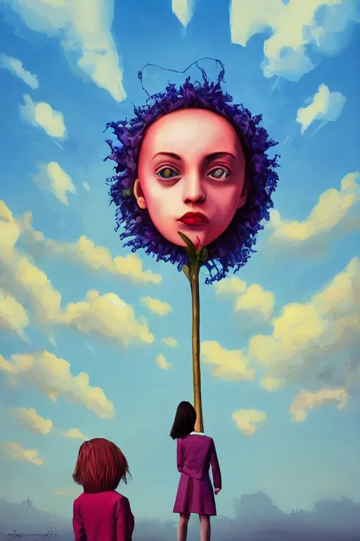 Image similar to closeup giant dahlia flower head, girl in a suit, street, surreal photography, blue sky, sunrise, dramatic light, impressionist painting, digital painting, artstation, simon stalenhag